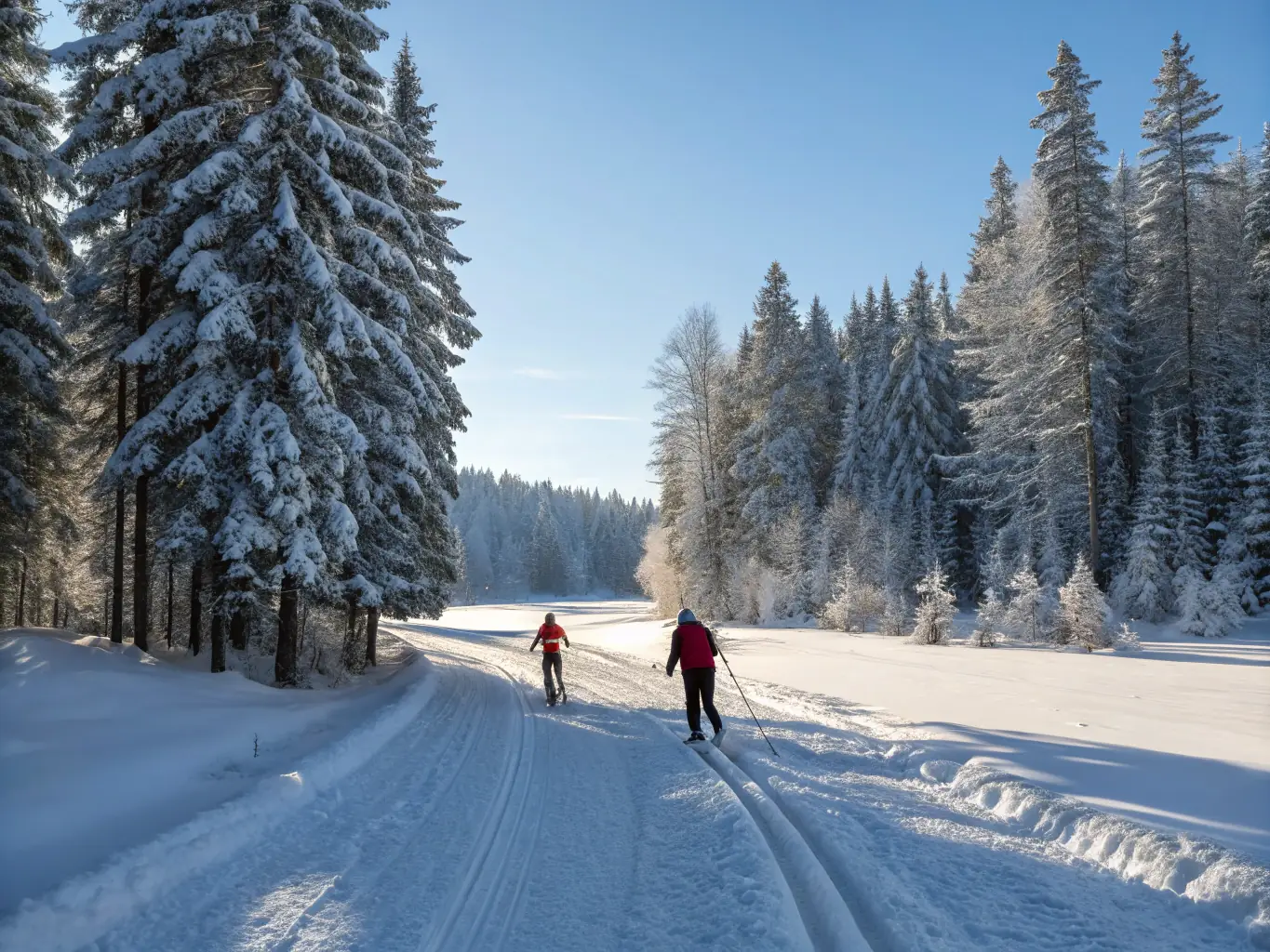 A serene photograph of cross-country skiers gliding across a snow-covered trail in a peaceful, winter landscape. The sky is clear blue, and the surrounding trees are laden with fresh snow.