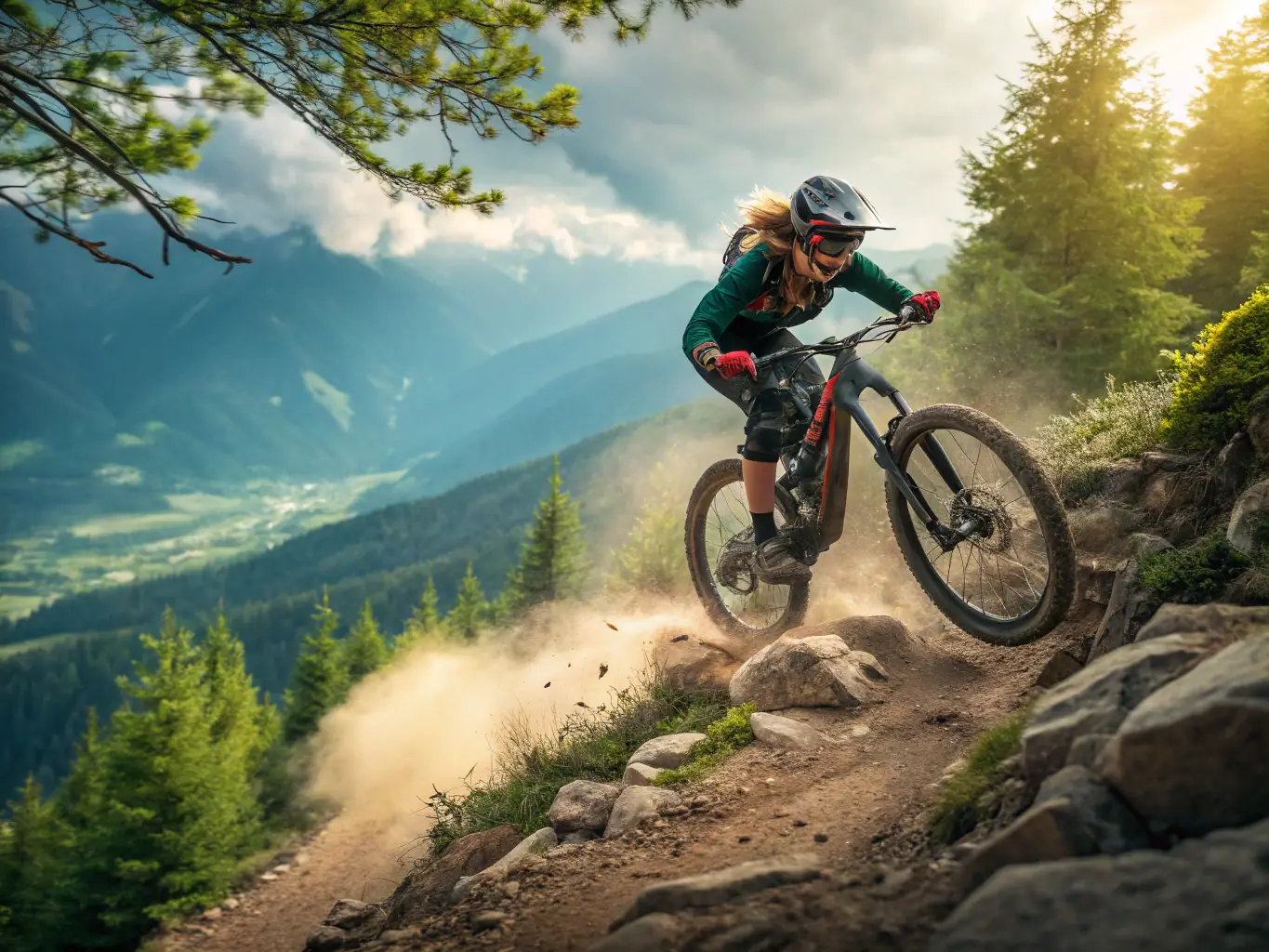 A dynamic image of a mountain biker speeding down a winding trail, surrounded by colorful autumn foliage in the Maine wilderness. The biker is wearing appropriate safety gear and appears to be enjoying the ride.