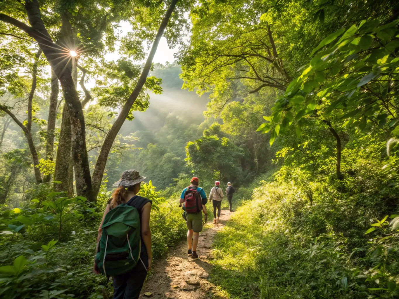A vibrant photograph capturing a group of hikers traversing a well-maintained trail through a dense, green forest in Western Maine. The sun filters through the trees, creating a dappled light effect on the path.