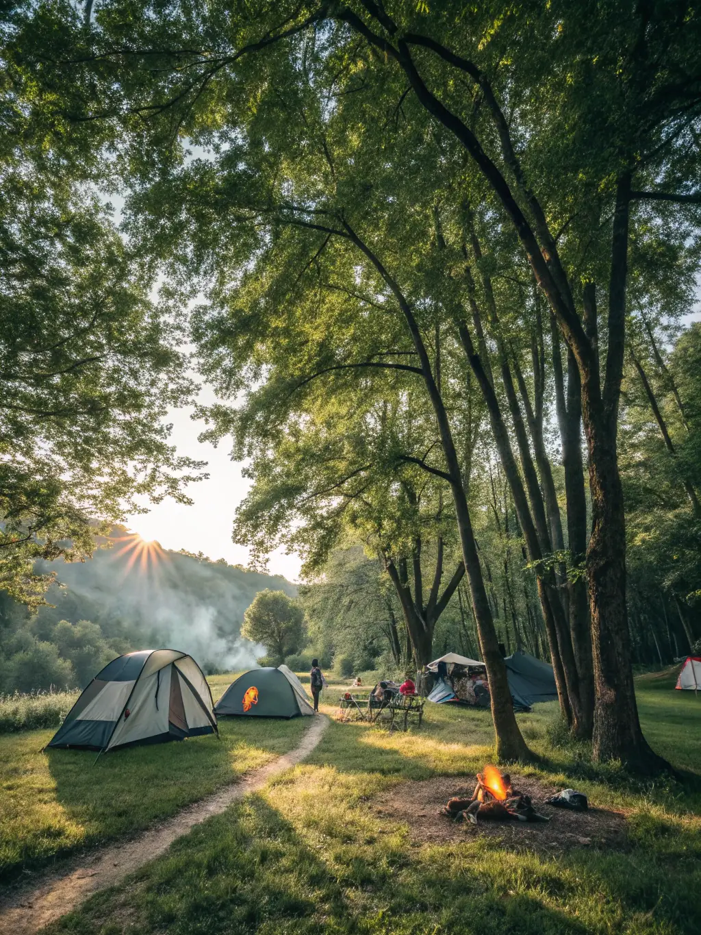 A scenic camping site at Maineroadhouse.com, featuring a pitched tent surrounded by lush greenery and towering trees, with a campfire crackling nearby, offering a peaceful and immersive outdoor experience.