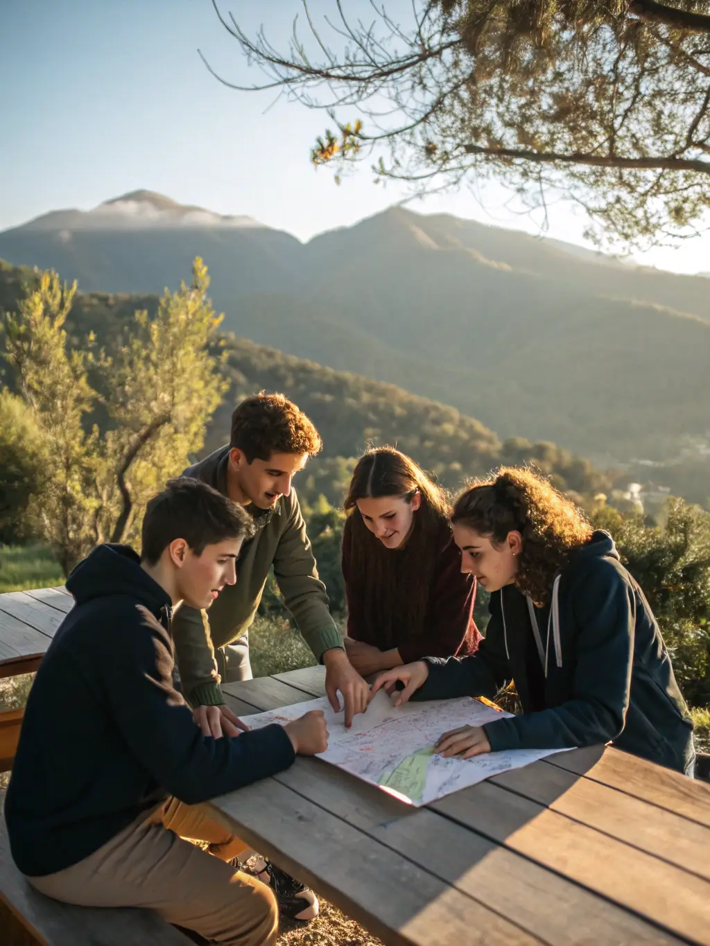 A group of hikers gathered around a picnic table at Maineroadhouse.com, enjoying a meal together with the lodge visible in the background, highlighting the communal and welcoming environment for outdoor adventurers.