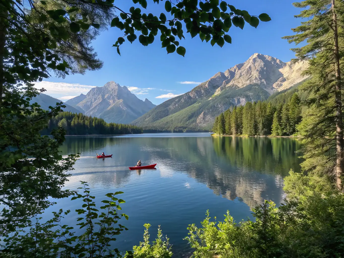 A picturesque scene of kayakers paddling on a calm lake in Western Maine, with colorful kayaks reflecting on the water and mountains in the background.