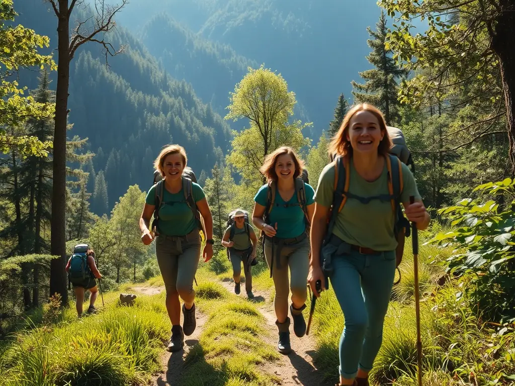 A vibrant image capturing hikers traversing a scenic trail in Western Maine, surrounded by lush greenery and towering trees, under a clear blue sky.