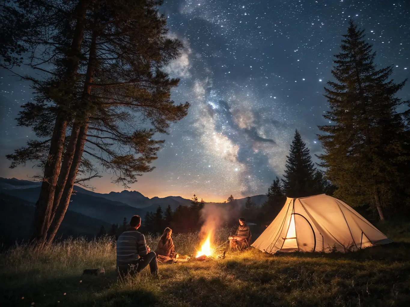A cozy image of a crackling campfire at dusk in Western Maine, with comfortable chairs around it, inviting guests to relax and unwind.